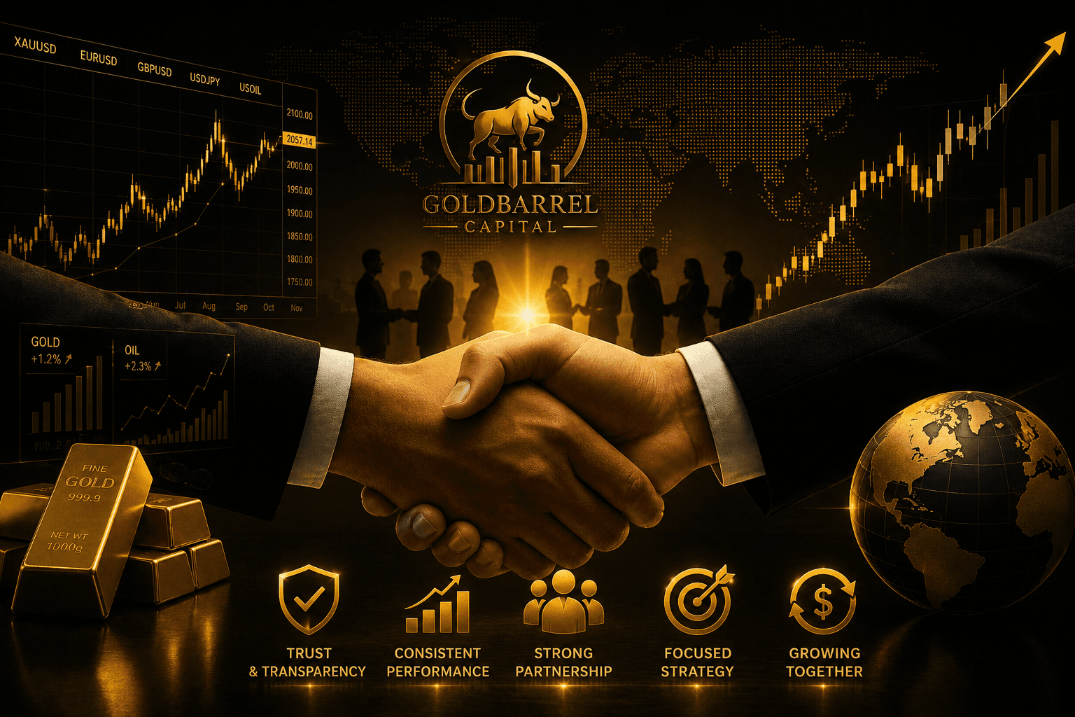 GoldBarrel Capital partnership handshake — build a scalable income stream with us